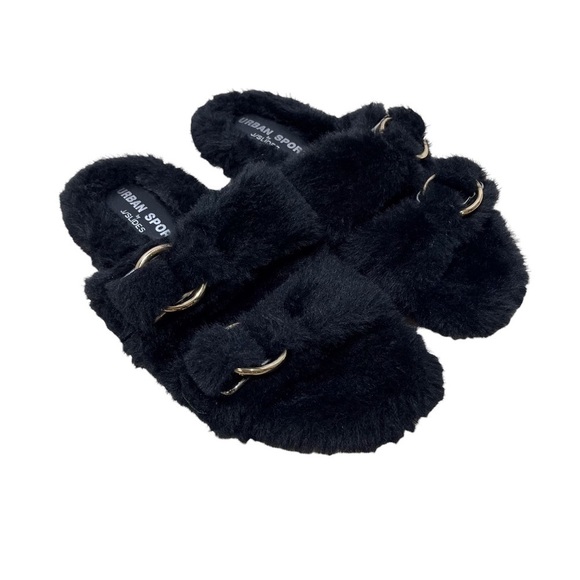 J Slides Shoes - Urban Sport by J Slide Babee Faux Fur Sandal Slide Black Size 8 Double Buckle